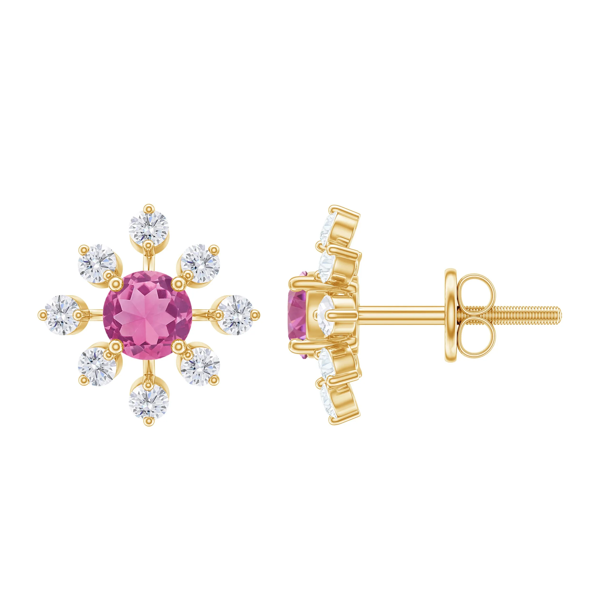 1 CT Pink Tourmaline and Diamond Floral Stud Earrings