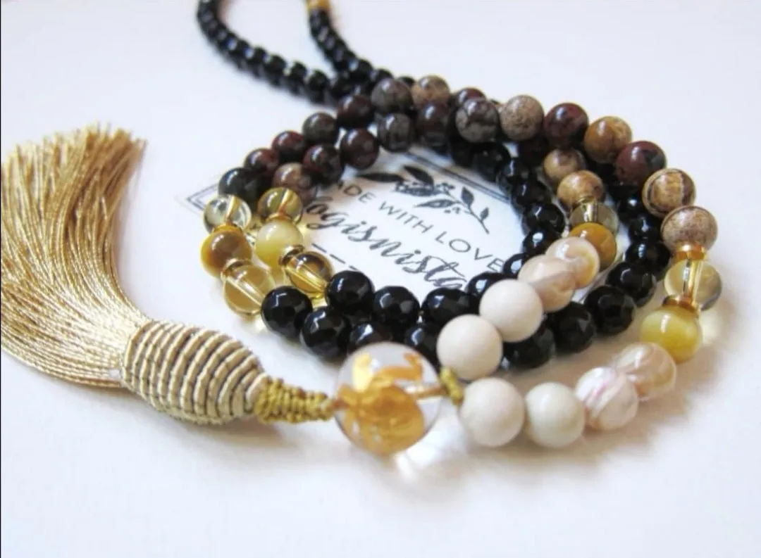 108 Imperial Goddess Mala Necklace in Citrine, Jasper, Onyx.