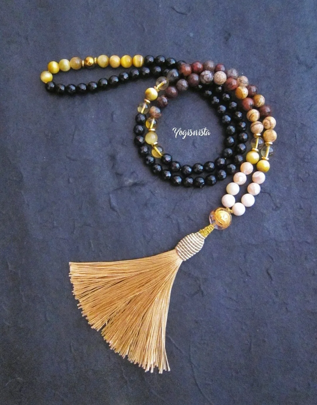 108 Imperial Goddess Mala Necklace in Citrine, Jasper, Onyx.