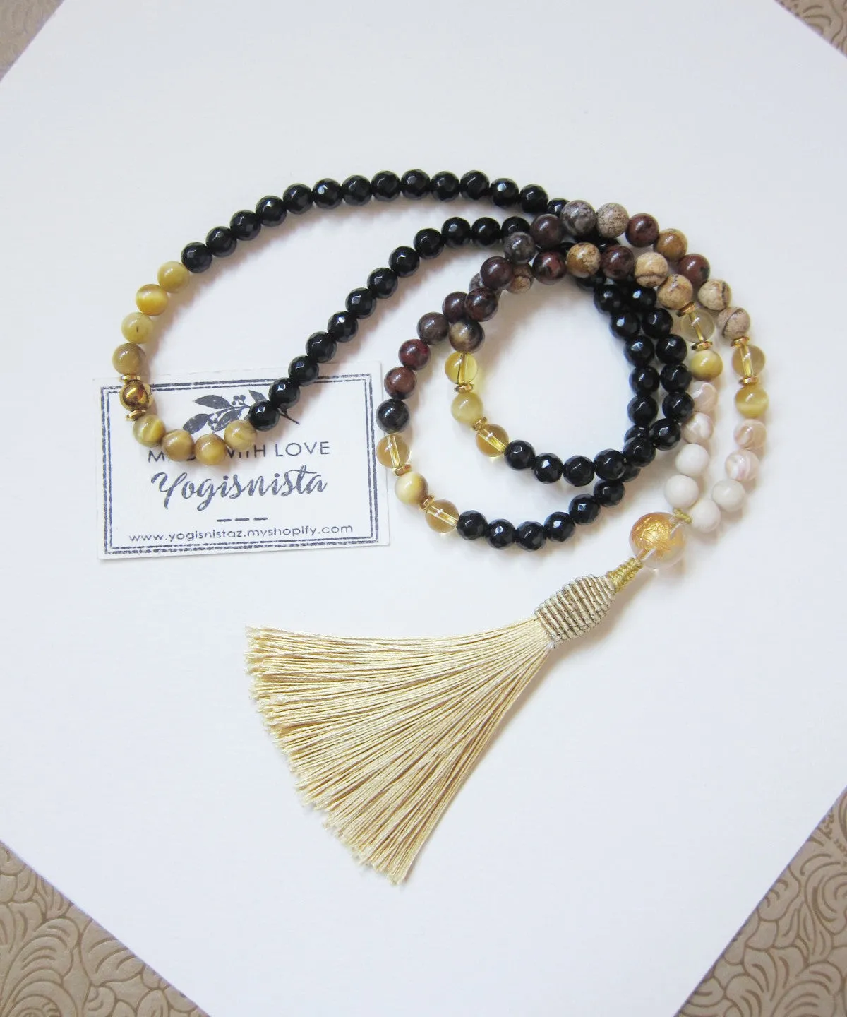 108 Imperial Goddess Mala Necklace in Citrine, Jasper, Onyx.