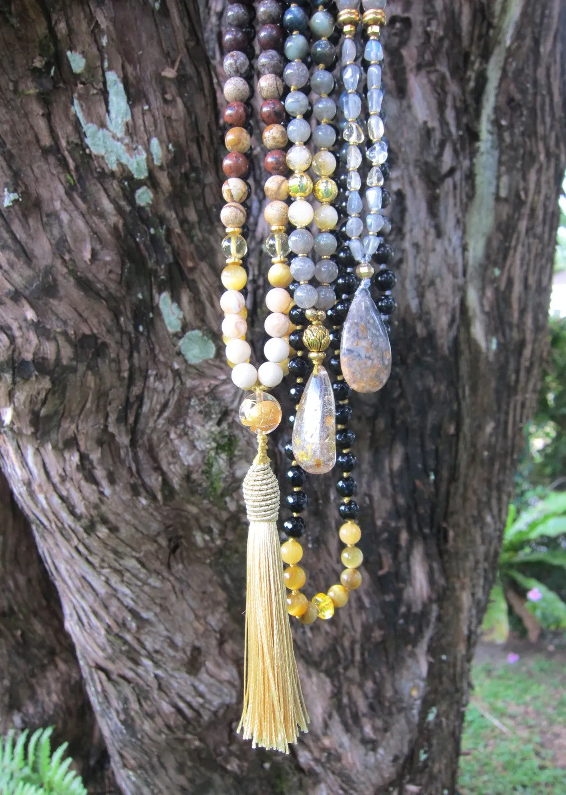 108 Imperial Goddess Mala Necklace in Citrine, Jasper, Onyx.