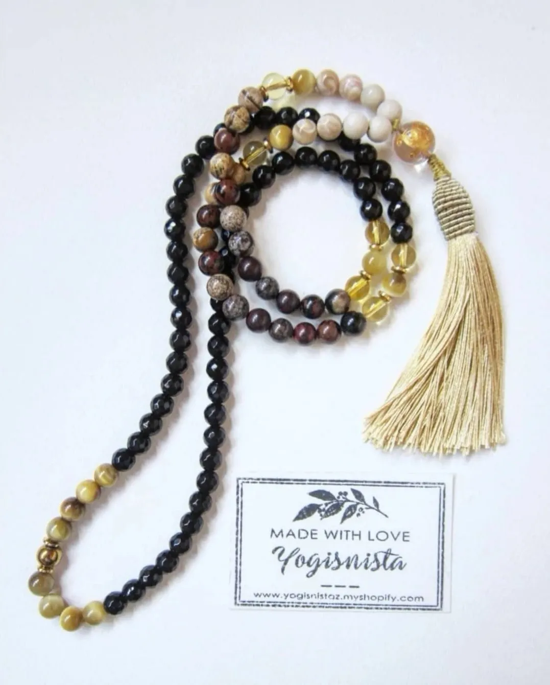 108 Imperial Goddess Mala Necklace in Citrine, Jasper, Onyx.