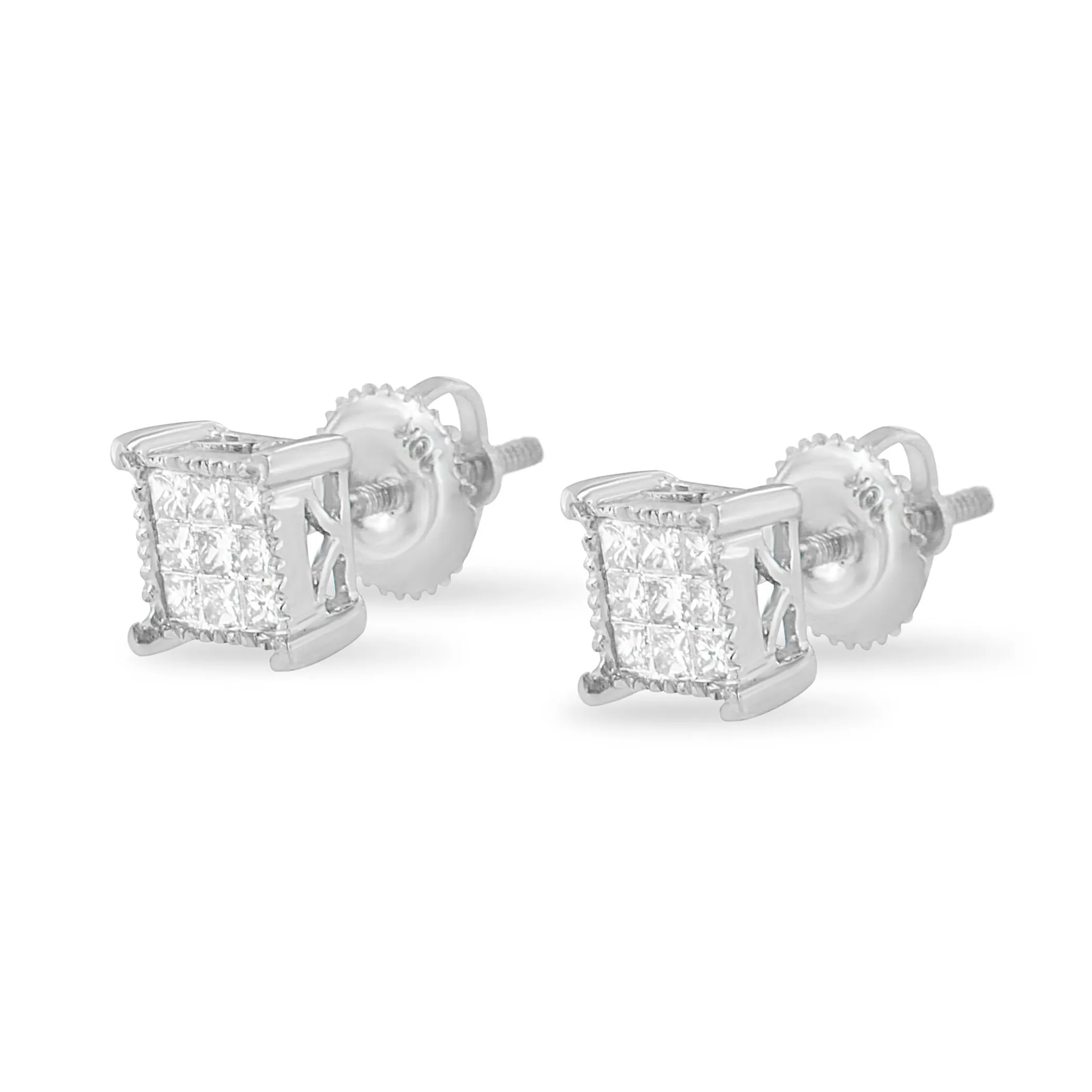 10K White Gold 1/3 Cttw Invisible Set Princess-Cut Diamond 18 Stone Composite Stud Earrings with Screwbacks (I-J Color, SI2-I1 Clarity)