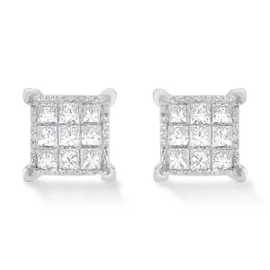 10K White Gold 1/3 Cttw Invisible Set Princess-Cut Diamond 18 Stone Composite Stud Earrings with Screwbacks (I-J Color, SI2-I1 Clarity)