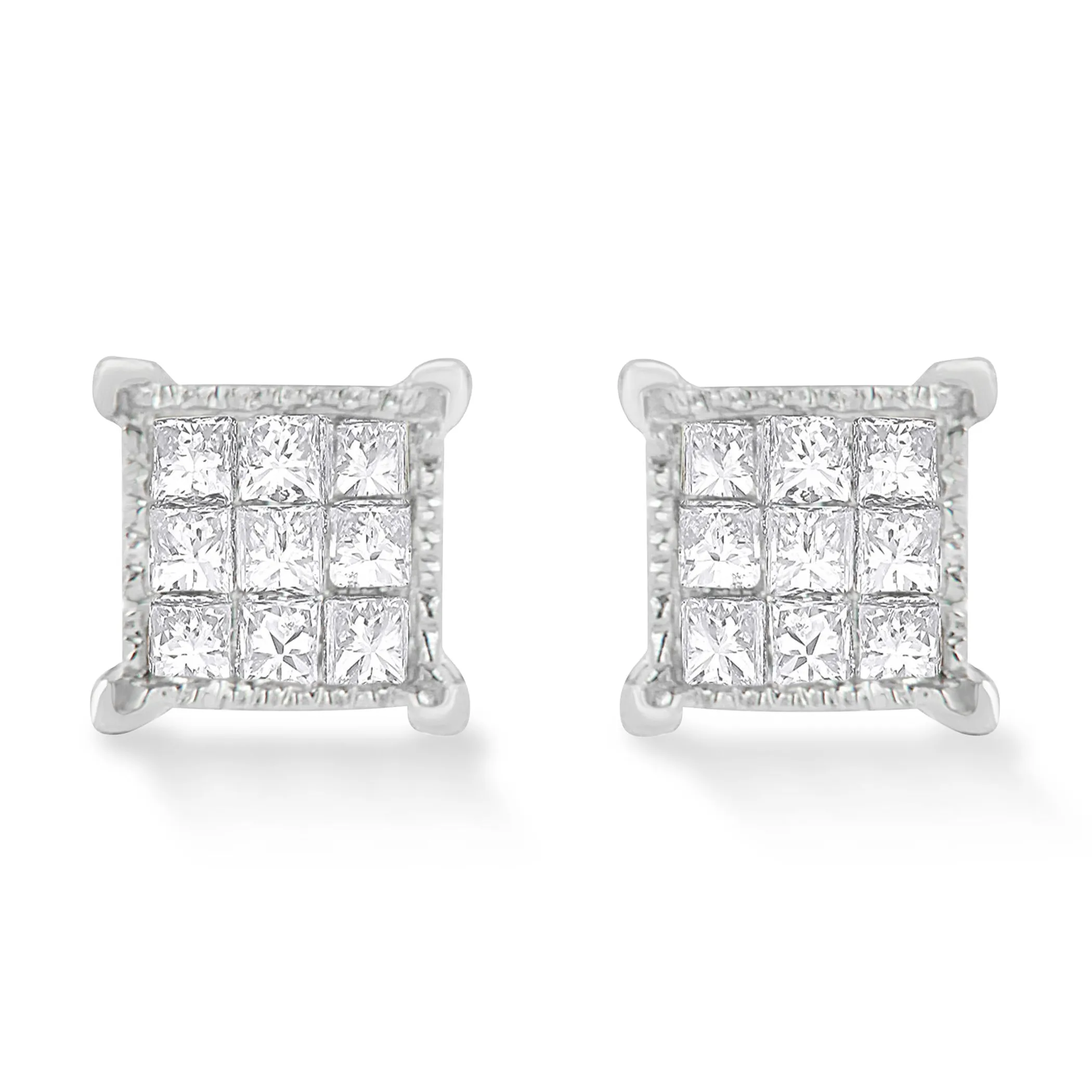 10K White Gold 1/3 Cttw Invisible Set Princess-Cut Diamond 18 Stone Composite Stud Earrings with Screwbacks (I-J Color, SI2-I1 Clarity)