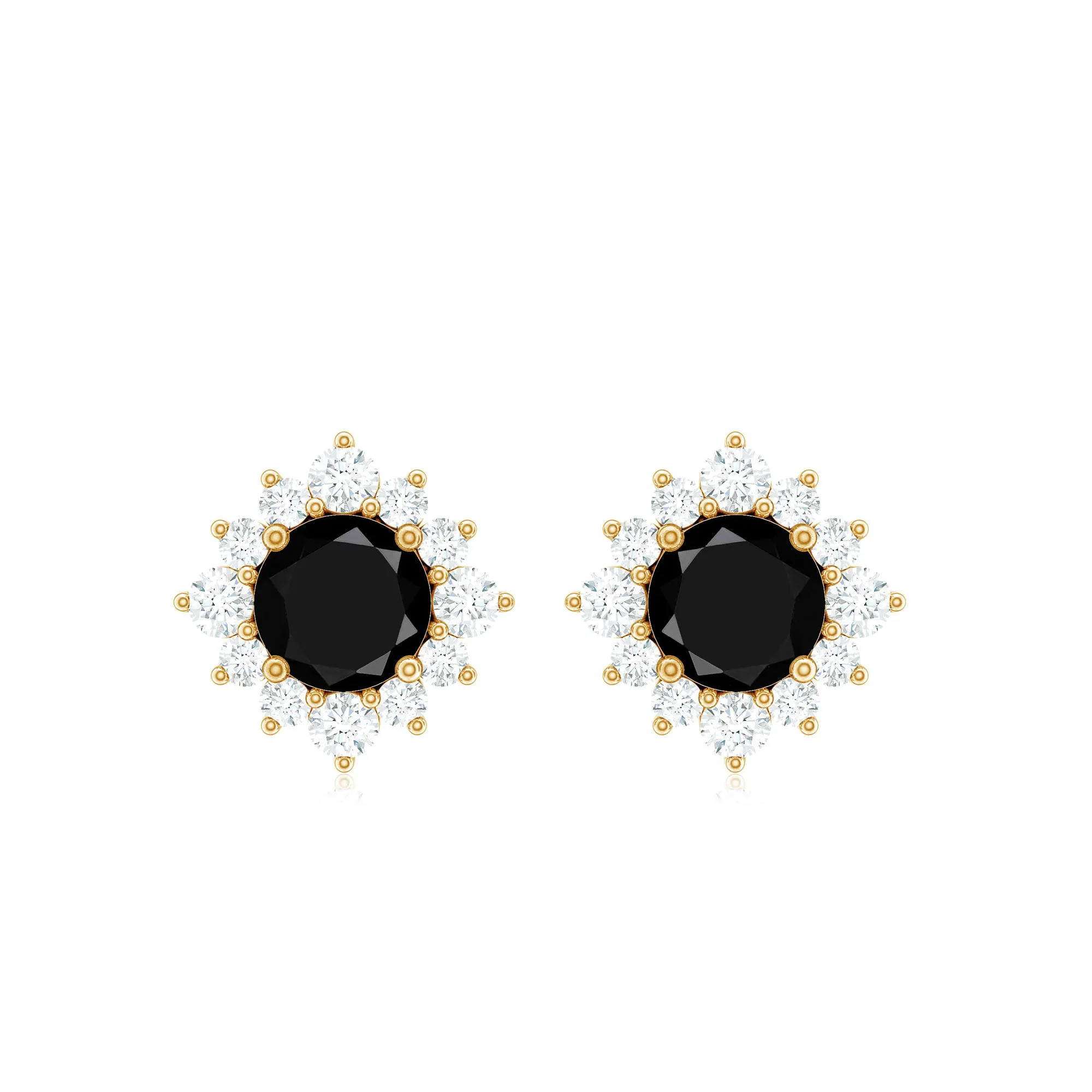 1.25 CT Black Spinel and Diamond Classic Halo Stud Earrings in Prong Setting