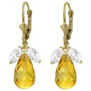 14.4 Carat 14K Solid Yellow Gold Leverback Earrings Citrine White Topaz