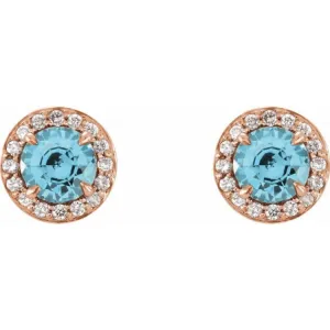 14K Rose 5 mm Natural Blue Zircon & 1/8 CTW Natural Diamond Earrings