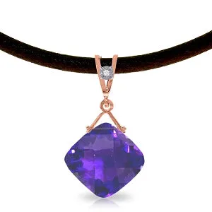 14K Solid Rose Gold & Leather Diamond & Purple Amethyst Necklace