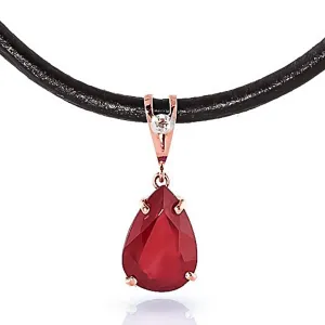 14K Solid Rose Gold & Leather Diamond/Ruby Necklace