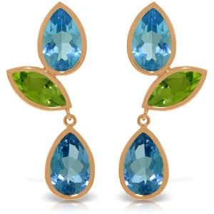 14K Solid Rose Gold Chandelier Earrings w/ Blue Topaz & Peridots