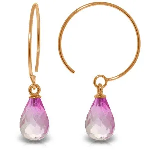 14K Solid Rose Gold Circle Wire Earrings w/ Pink Topaz