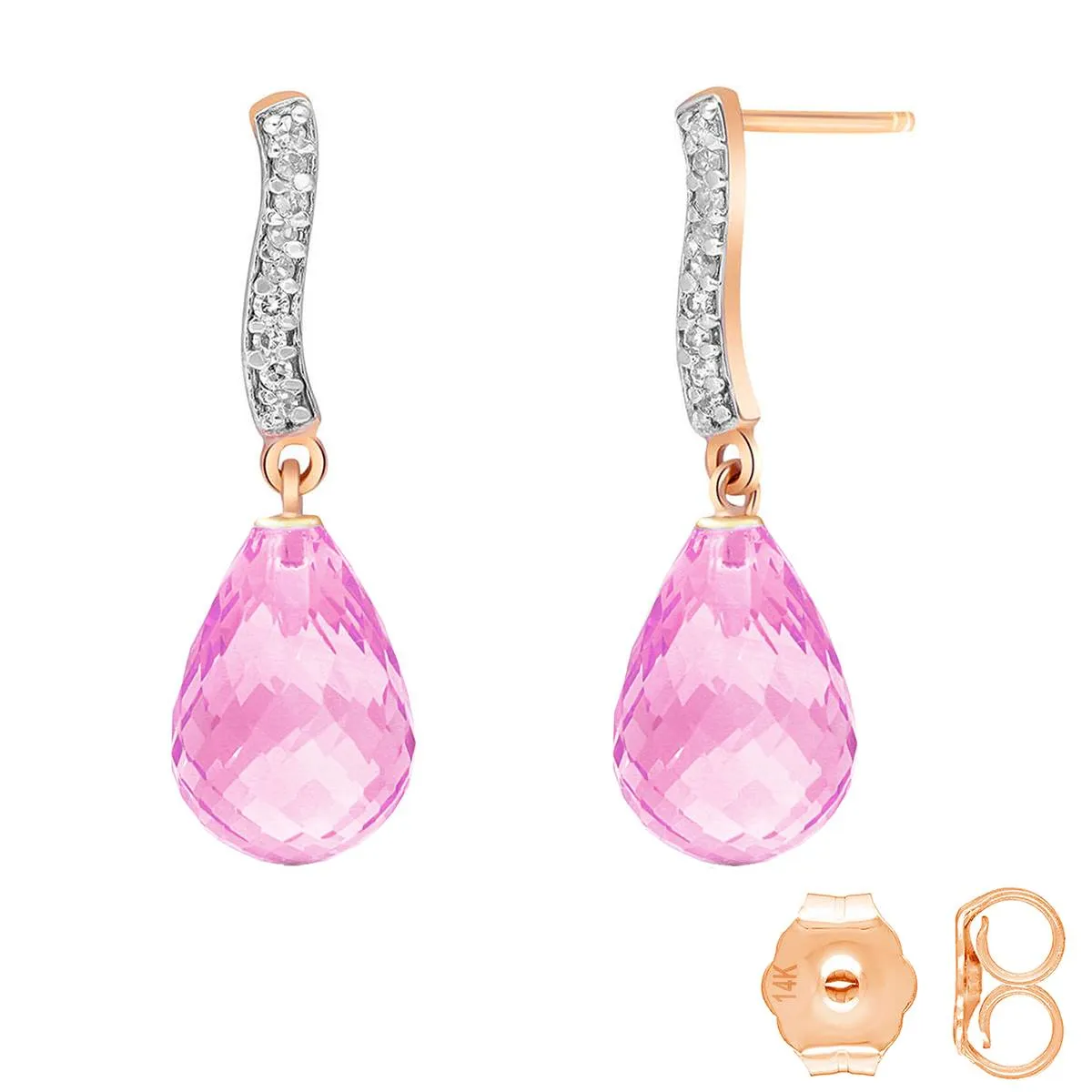 14K Solid Rose Gold Diamond & Pink Topaz Genuine Earrings