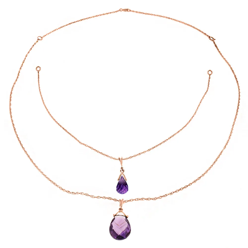 14K Solid Rose Gold Front And Back Drop Necklace w/ Briolette Amethysts