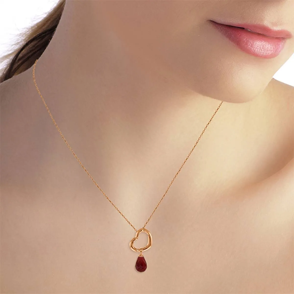 14K Solid Rose Gold Heart Necklace w/ Dangling Natural Ruby