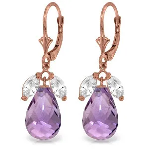 14K Solid Rose Gold Leverback Earrings w/ Amethysts & Rose Topaz