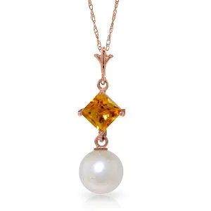 14K Solid Rose Gold Necklace w/ Natural Citrine & Pearl