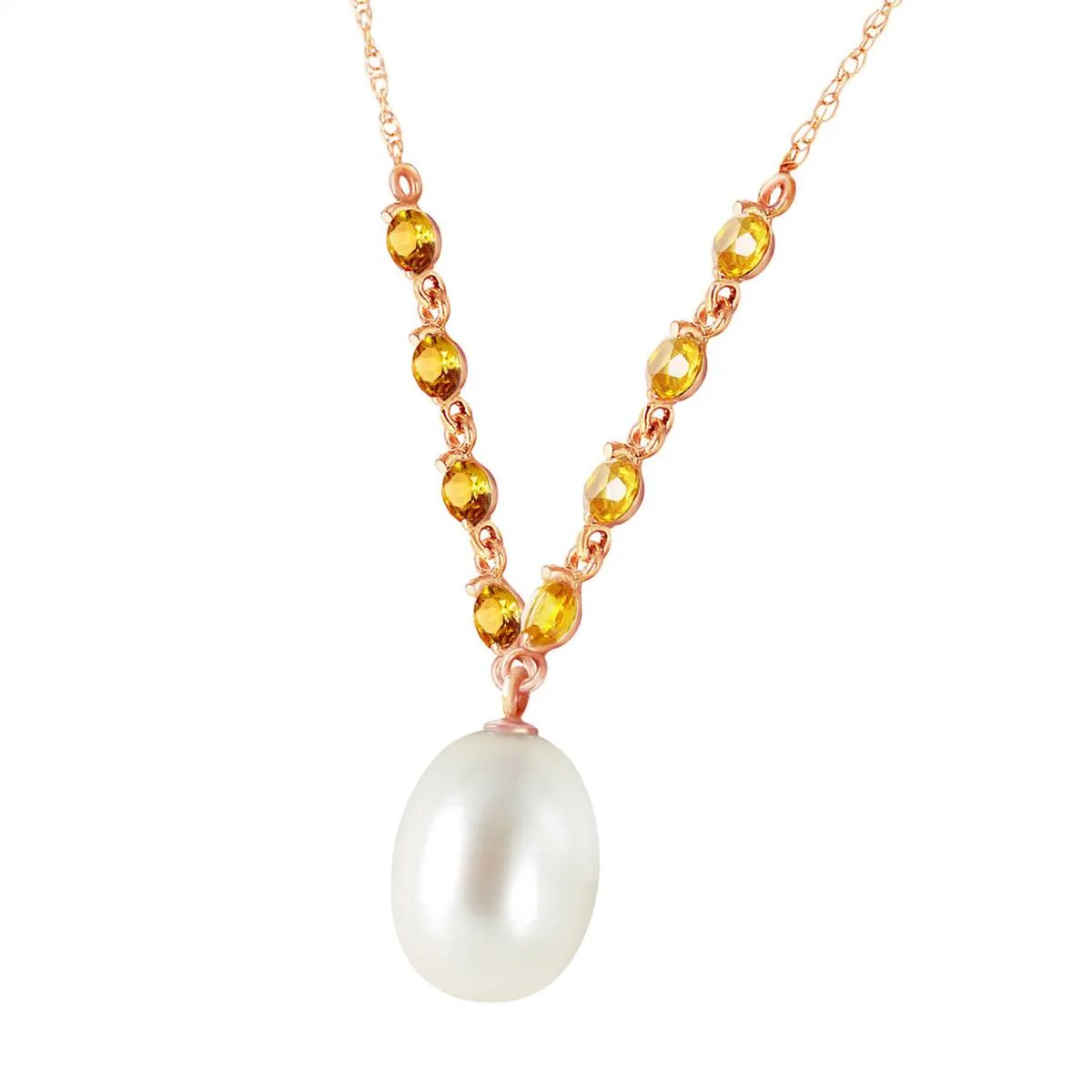 14K Solid Rose Gold Necklace w/ Natural Citrines & Pearl