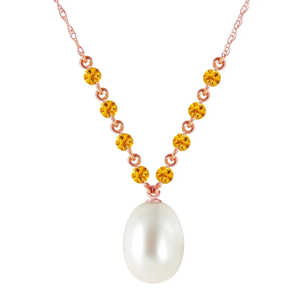 14K Solid Rose Gold Necklace w/ Natural Citrines & Pearl