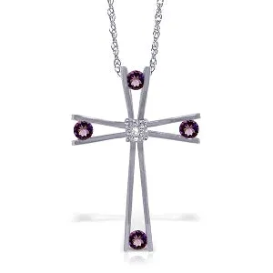 14K Solid White Gold Cross Necklace w/ Natural Diamond & Amethysts