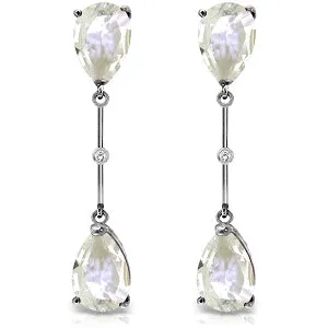 14K Solid White Gold Diamonds & White Topaza Dangling Earrings