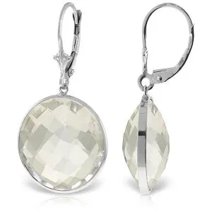 14K Solid White Gold Leverback Earrings Round White Topaz Gemstone