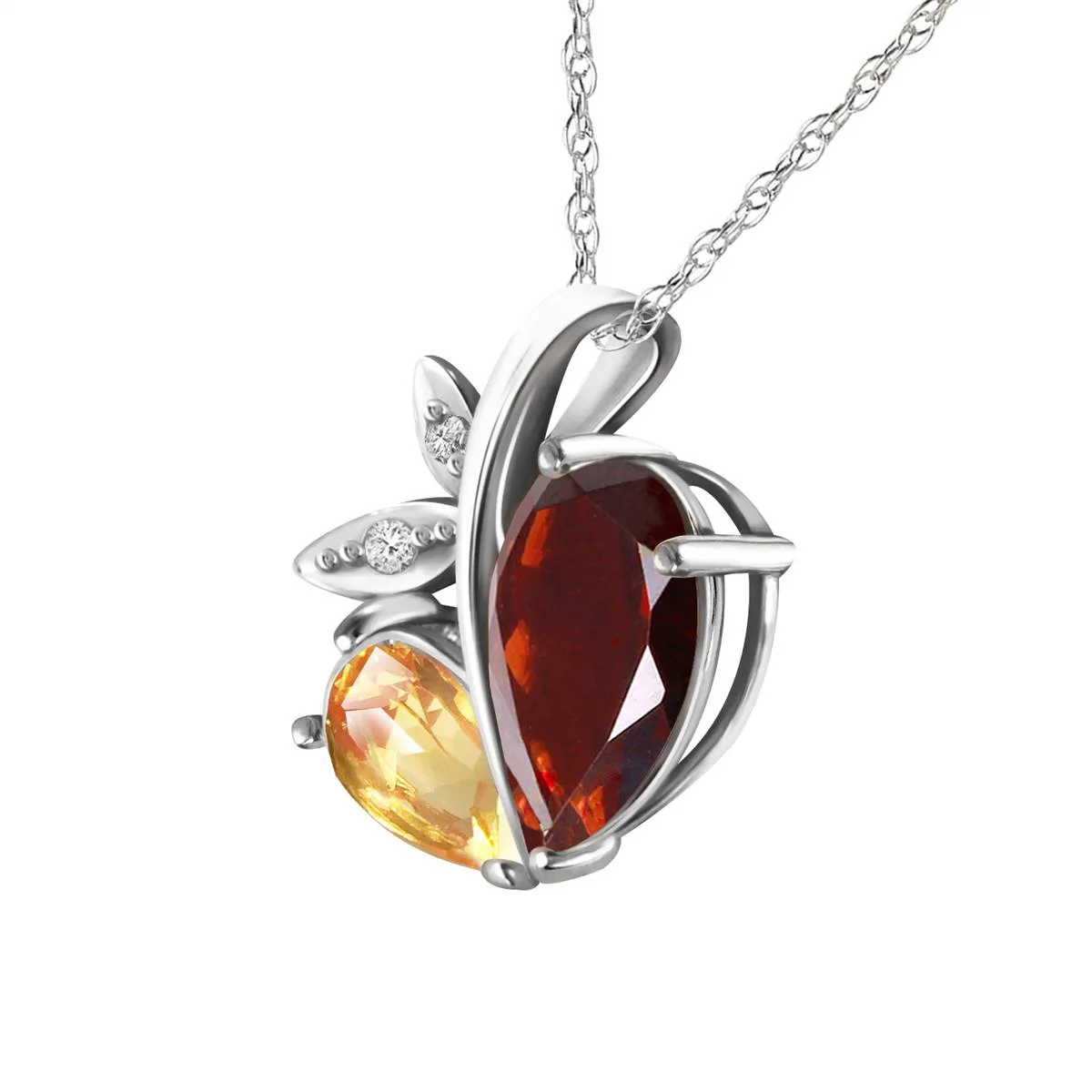 14K Solid White Gold Modern Heart Necklace Combination Of Garnet, Citrine & Diamonds