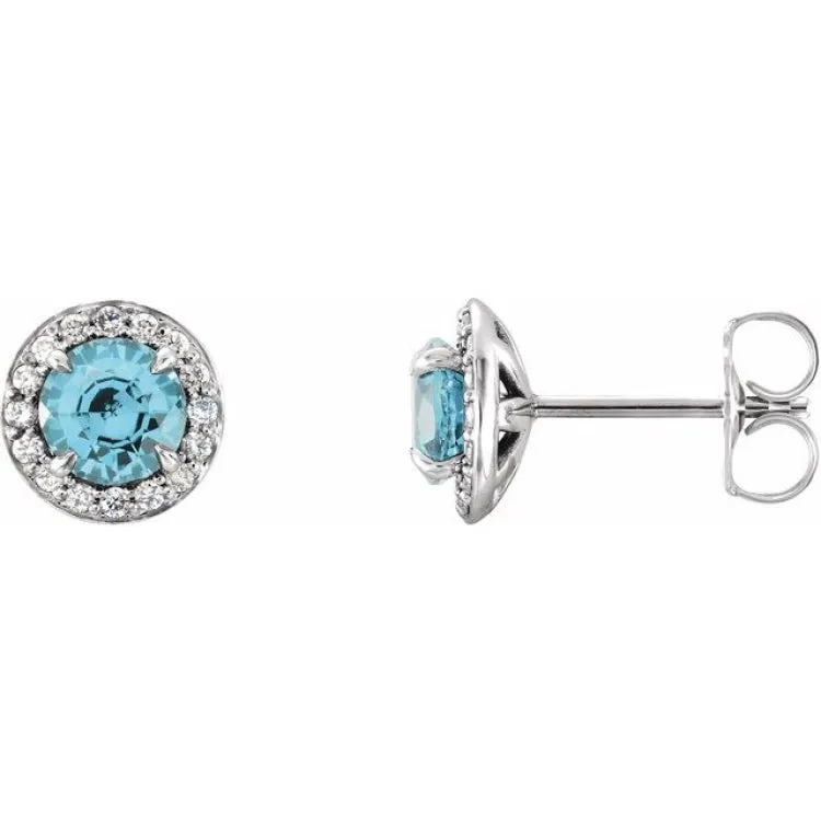 14K White 4 mm Natural Blue Zircon & 1/10 CTW Natural Diamond Earrings