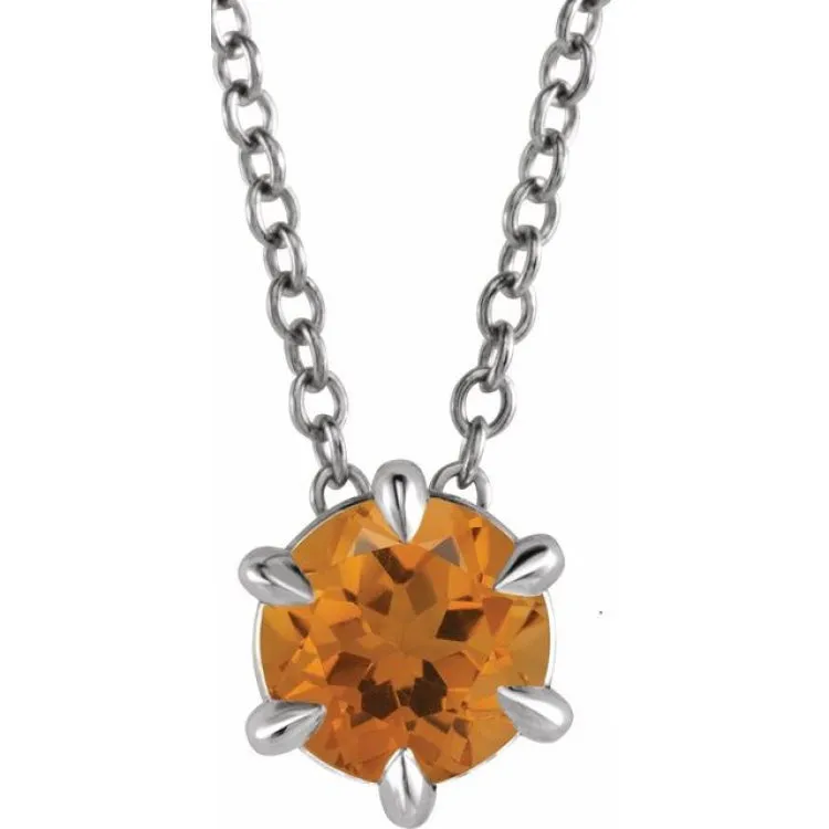 14K White 5 mm Natural Citrine Solitaire 16-18" Necklace