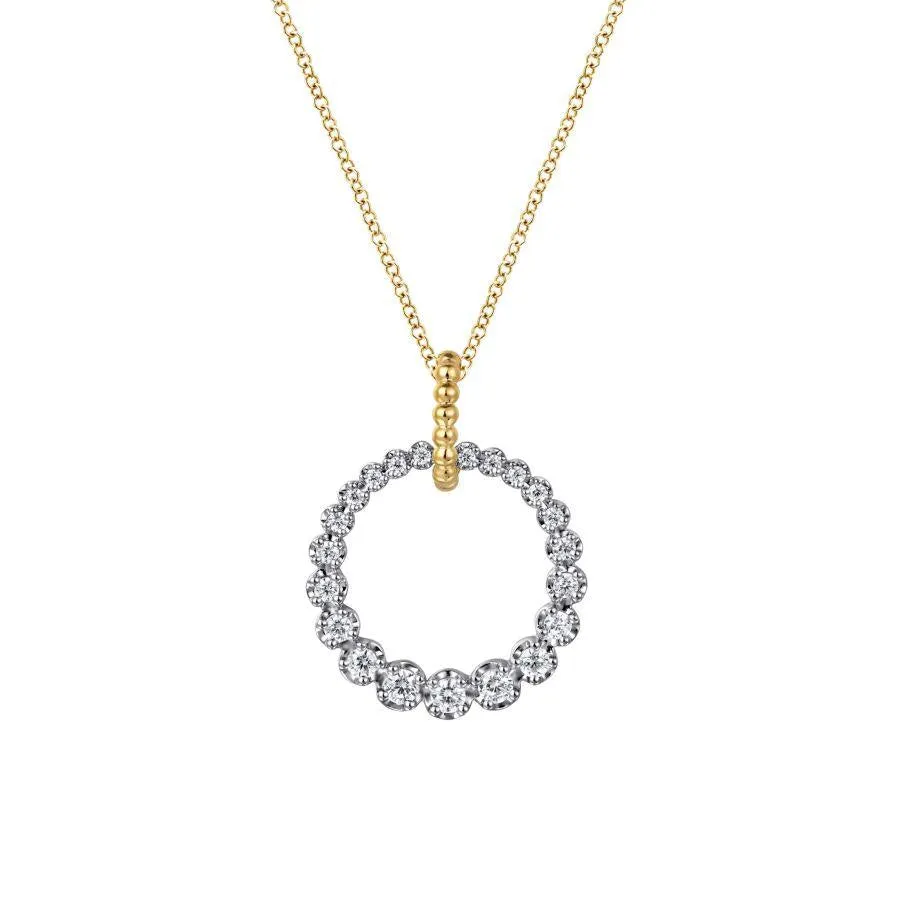 14K White and Yellow Gold Graduated Diamond 20mm Circle Necklace