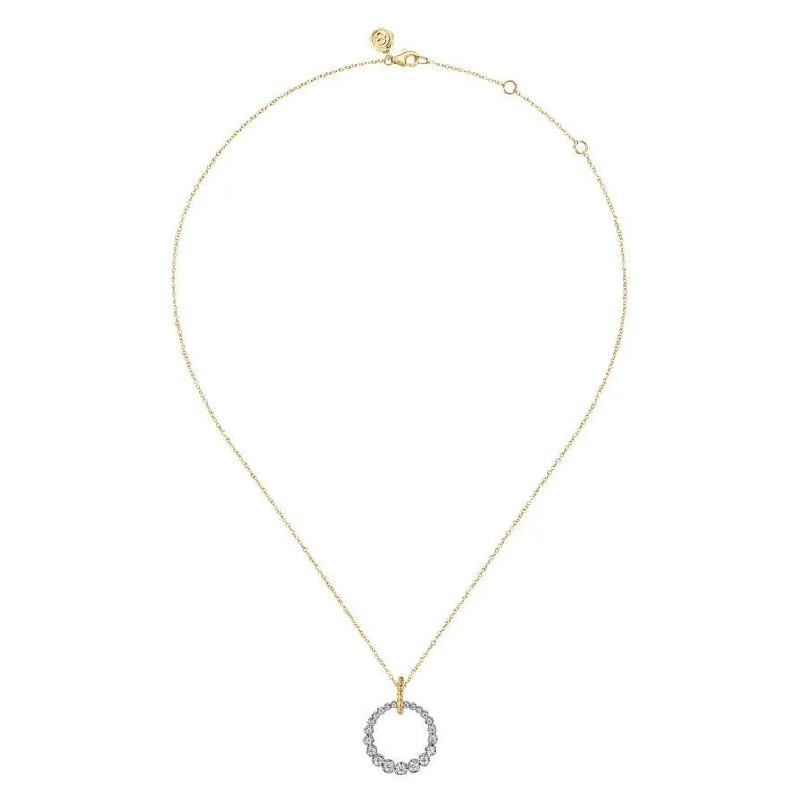 14K White and Yellow Gold Graduated Diamond 20mm Circle Necklace