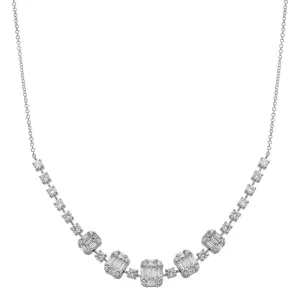 14k White Gold Round Diamond and Baguette Necklace