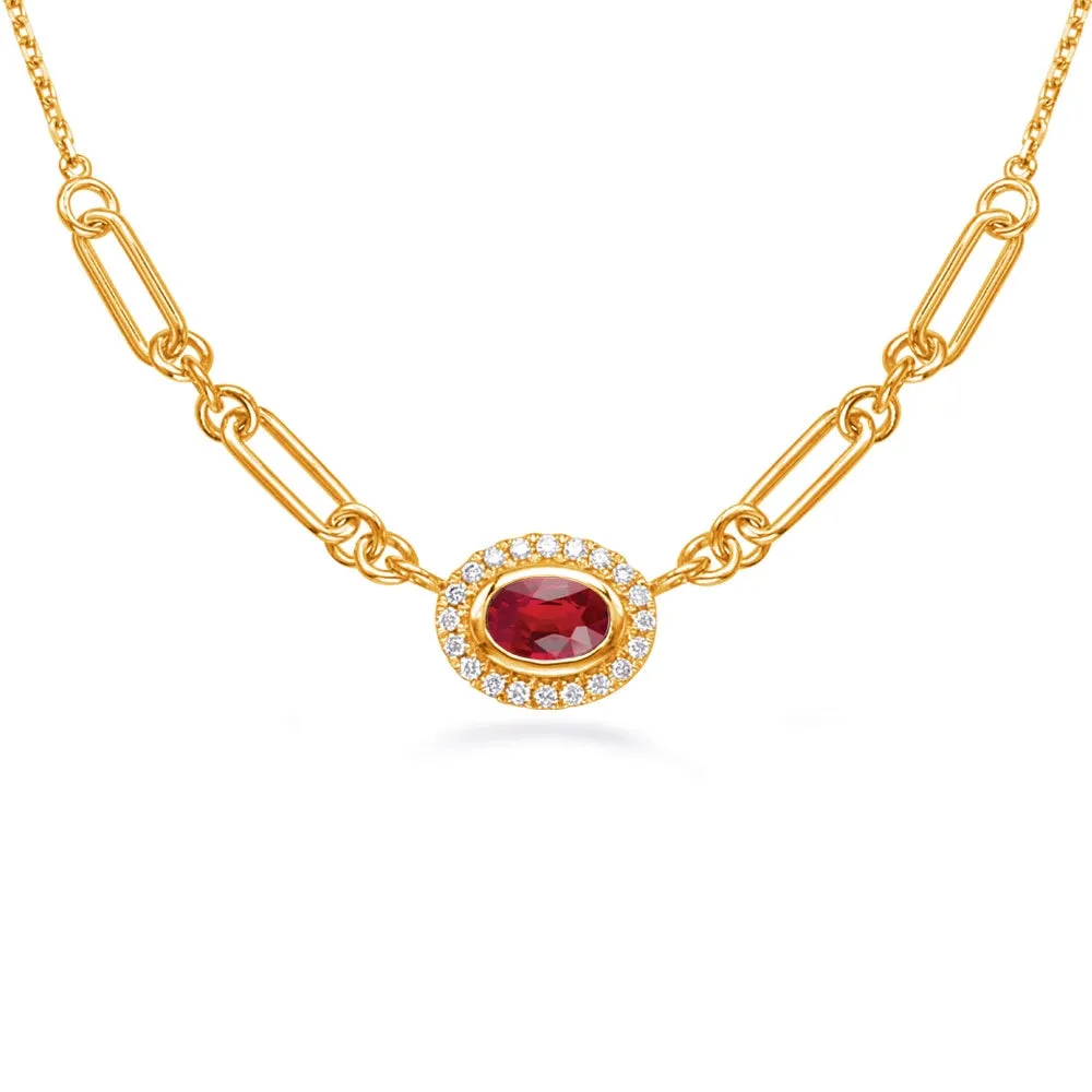 14K Yellow Gold East to West Bezel Set Oval Ruby with Diamond Halo Necklace