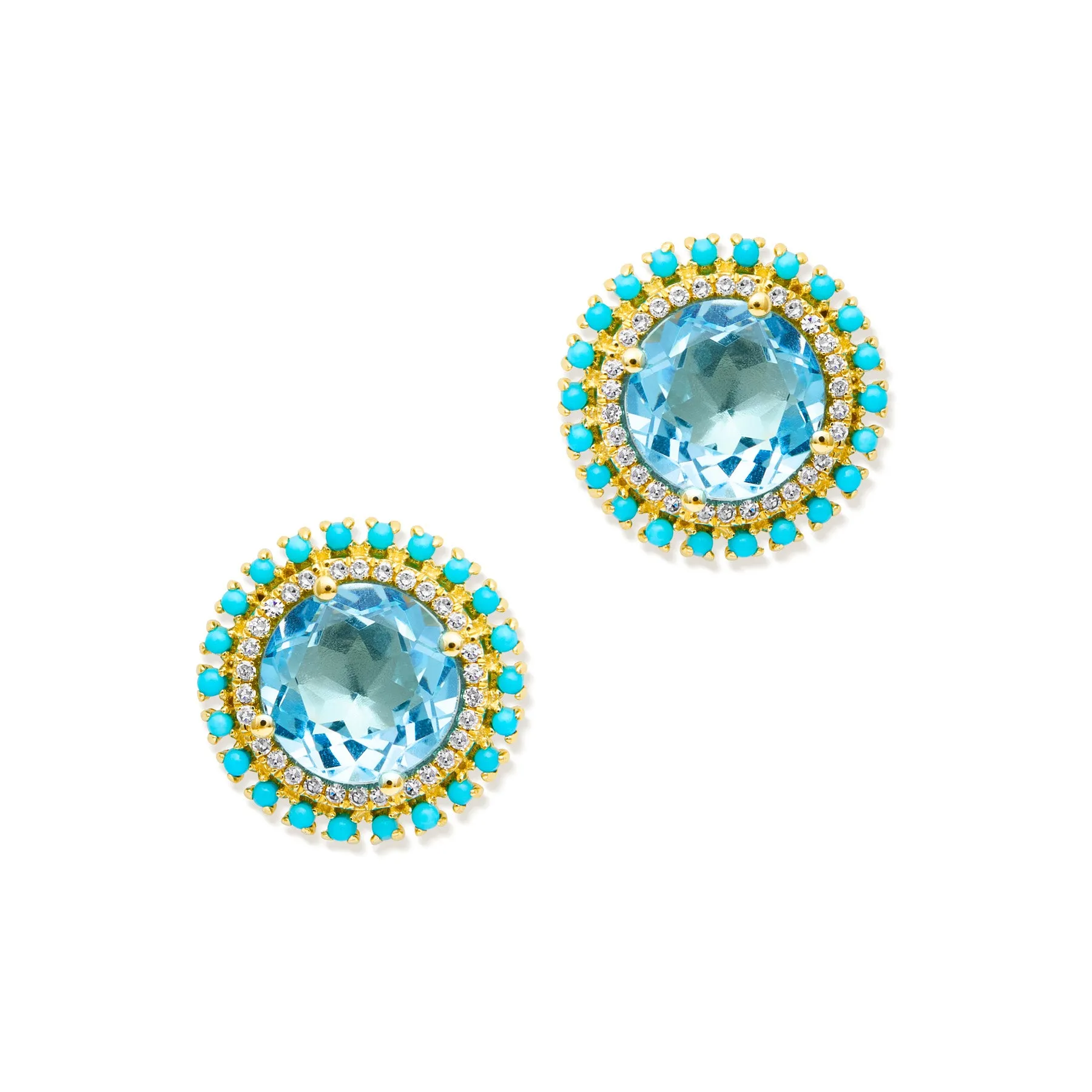 14KT Yellow Gold Blue Topaz Turquoise Diamond Round Kai Stud Earrings