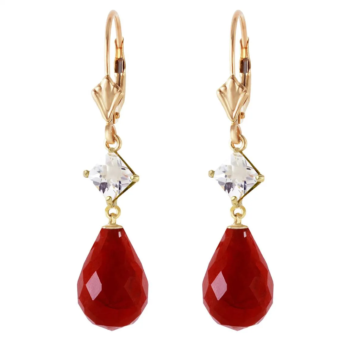 18.6 Carat 14K Solid Yellow Gold Leverback Earrings White Topaz Ruby