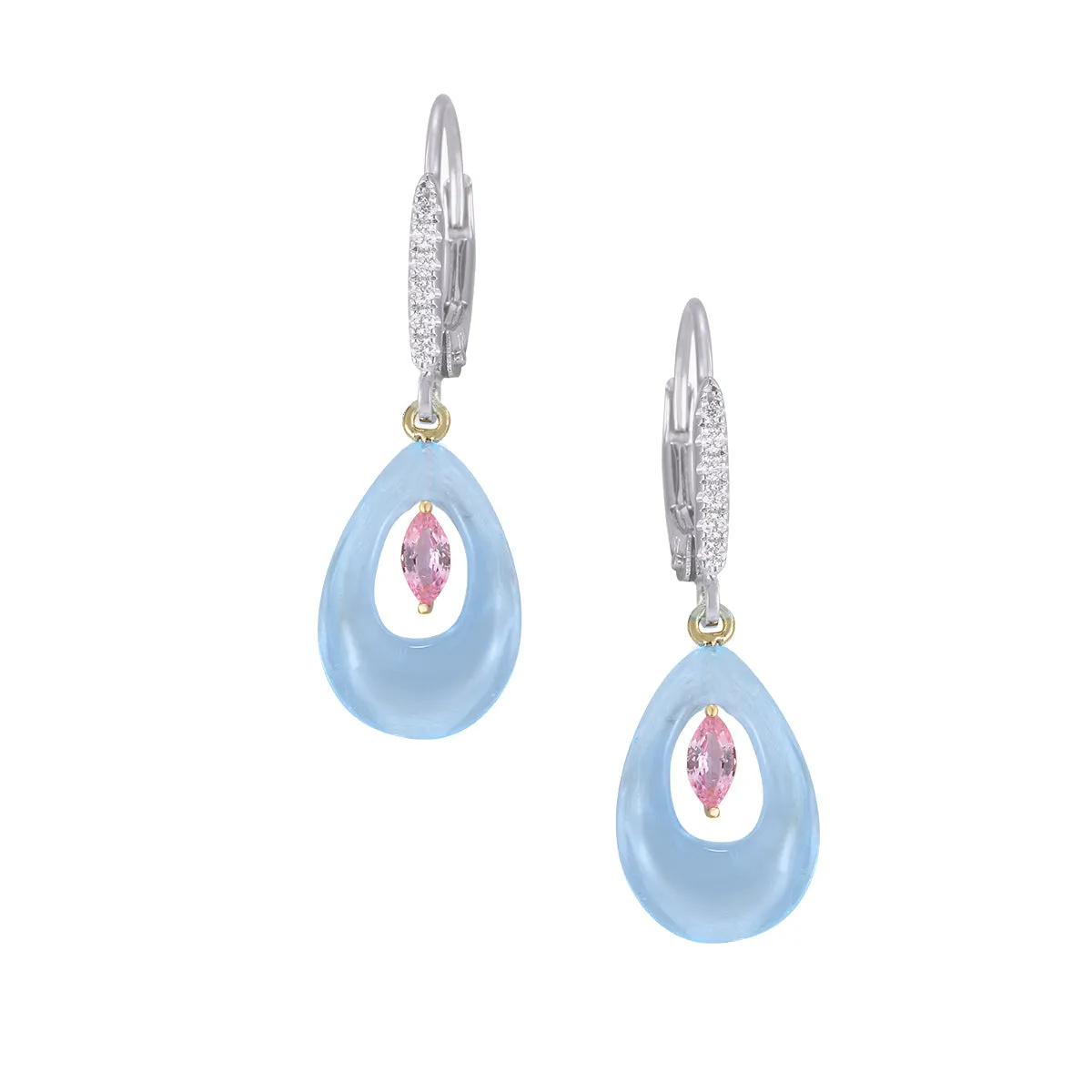 18k 2/tone Earrings with 12 Diamonds .06ct, 2 Pink Sapphires .20ct, 2 Blue Topaz 6.20ct