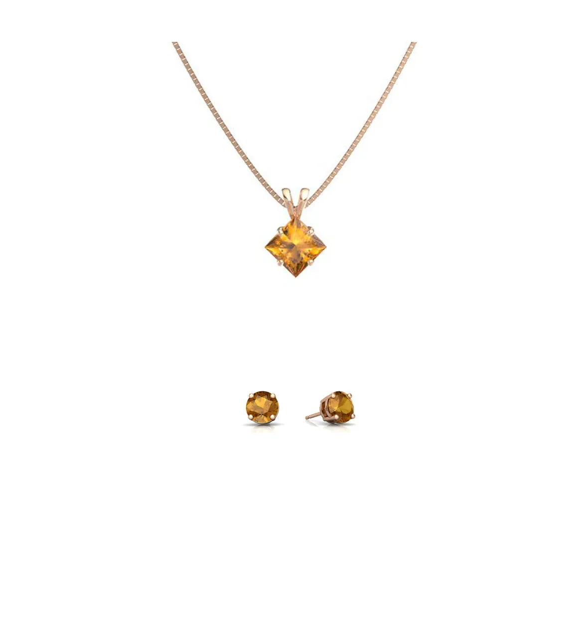 18K Rose Gold 1/2ct Citrine Square 18 Inch Necklace and Round Earrings Set Plated