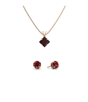 18K Rose Gold 2ct Garnet Princess Cut 18 Inch Necklace and Round Earrings Set Plated