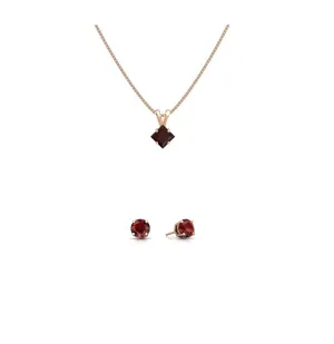 18K Rose Gold 2ct Garnet Square 18 Inch Necklace and Round Earrings Set Plated