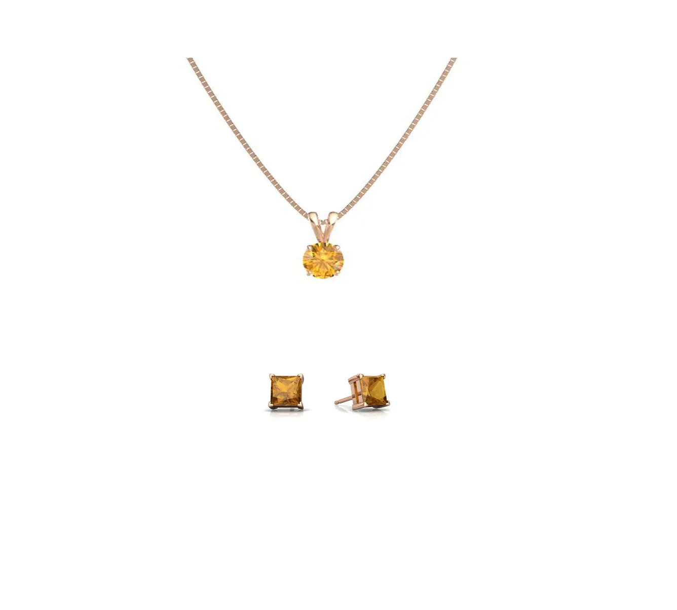 18K Rose Gold 4ct Citrine Round 18 Inch Necklace and Square Earrings Set Plated