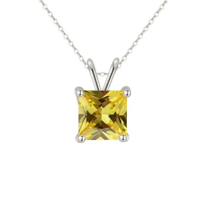 18K White Gold 1 Carat Created Citrine Princess Stud Necklace Plated 18 inch