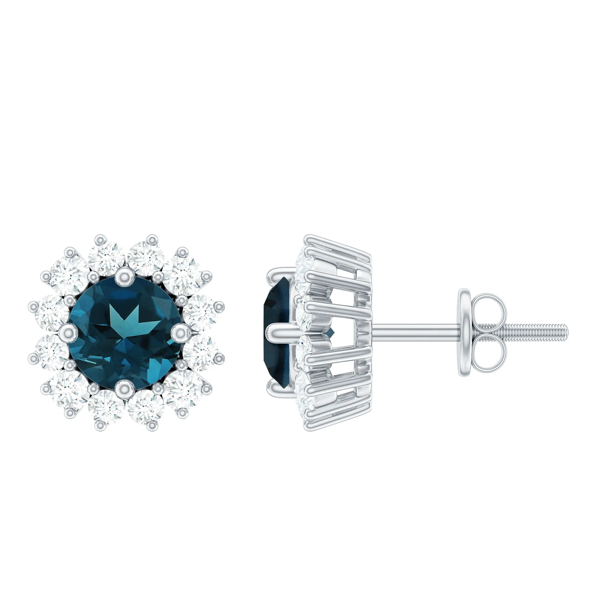 2 CT London Blue Topaz and Diamond Halo Stud Earrings