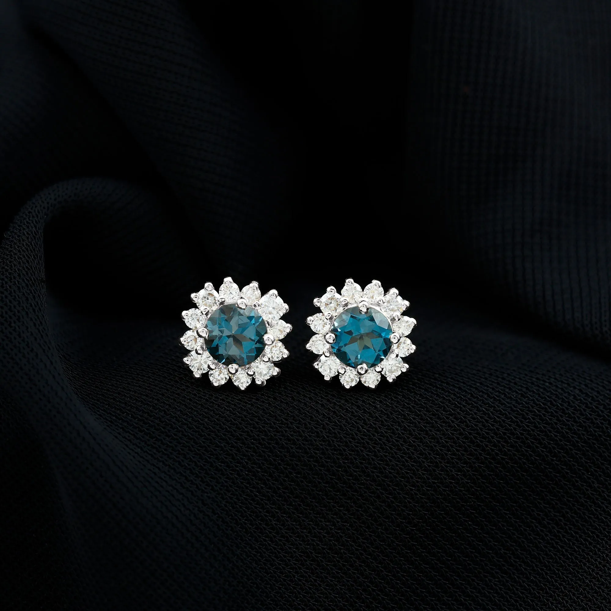 2 CT London Blue Topaz and Diamond Halo Stud Earrings