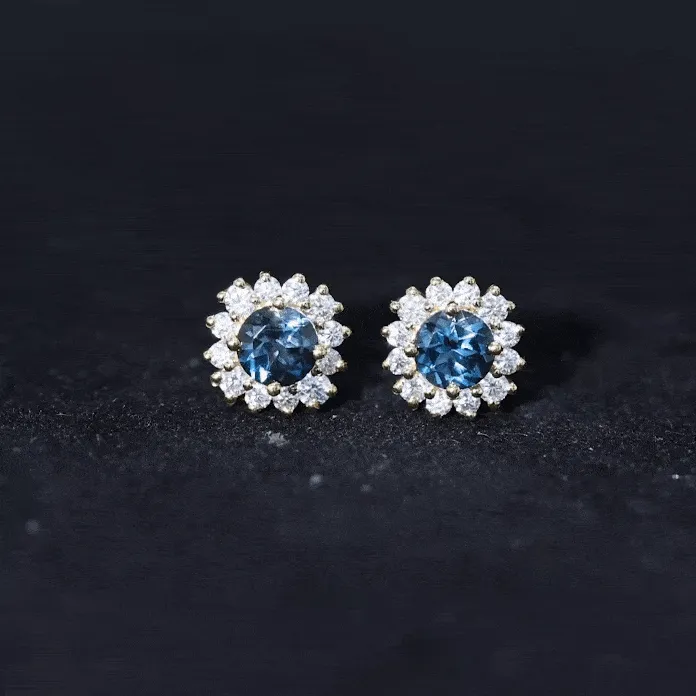 2 CT London Blue Topaz and Diamond Halo Stud Earrings