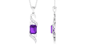 2 CT Octagon Cut Amethyst Designer Drop Pendant with Diamond