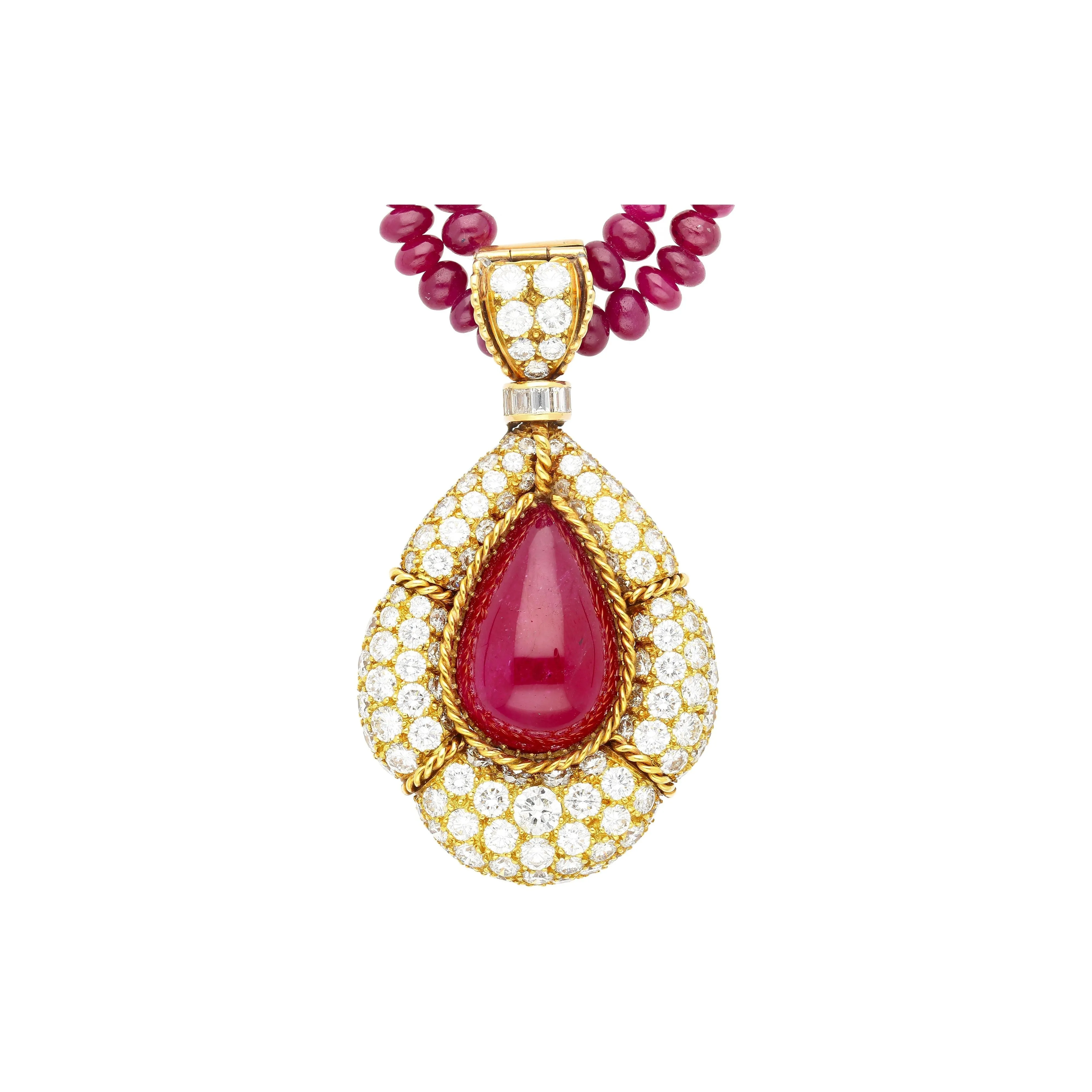 22.41 Carat Cabochon Cut Ruby Pendant In Tiffany & Co. Signed Bead Necklace