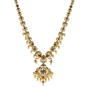 22K Antique Gold Temple Necklace w/ CZ, Ruby & Pearl (81.6gm)