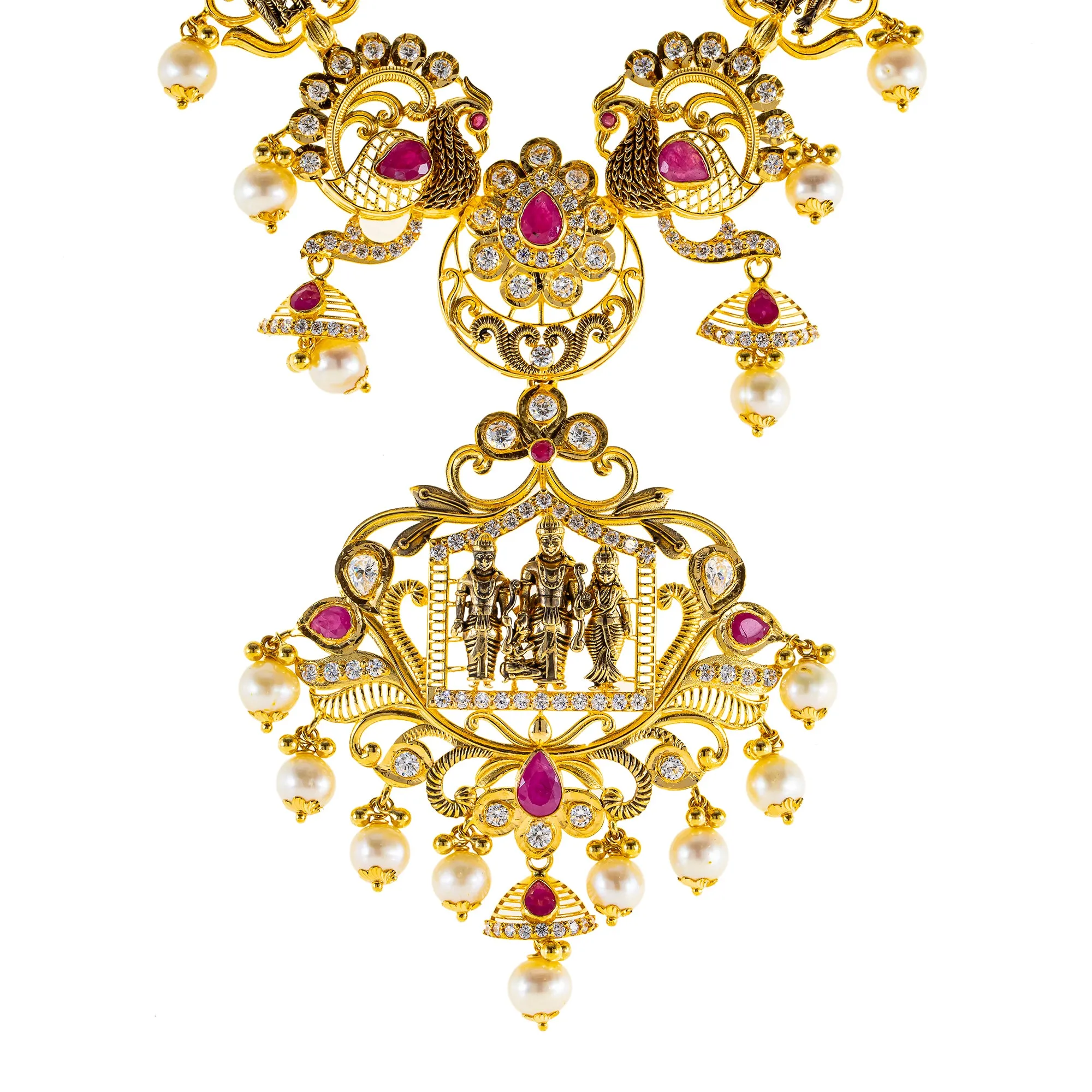 22K Antique Gold Temple Necklace w/ CZ, Ruby & Pearl (81.6gm)