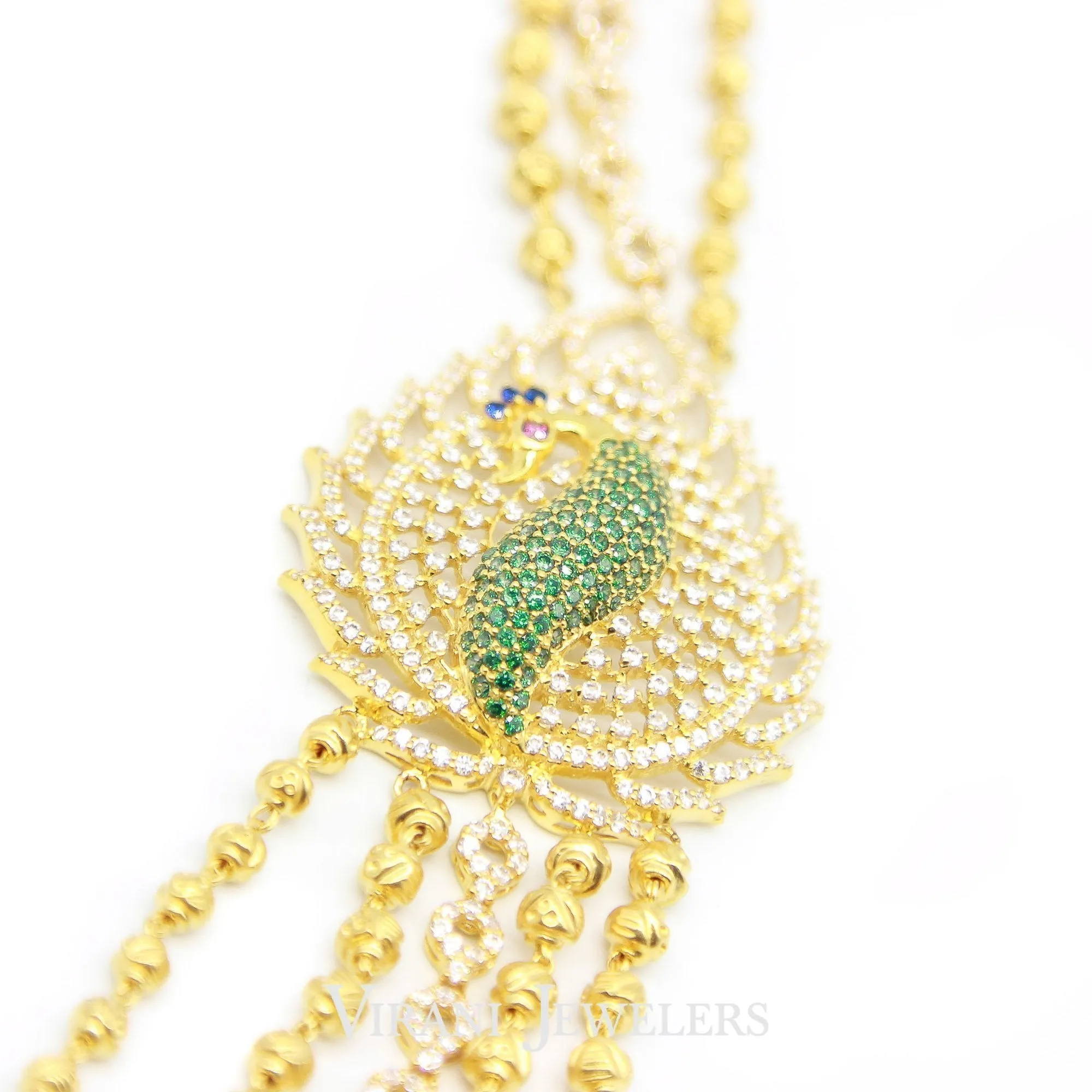 22K Gold Swaroski CZ Peacock Necklace and Earrings Set