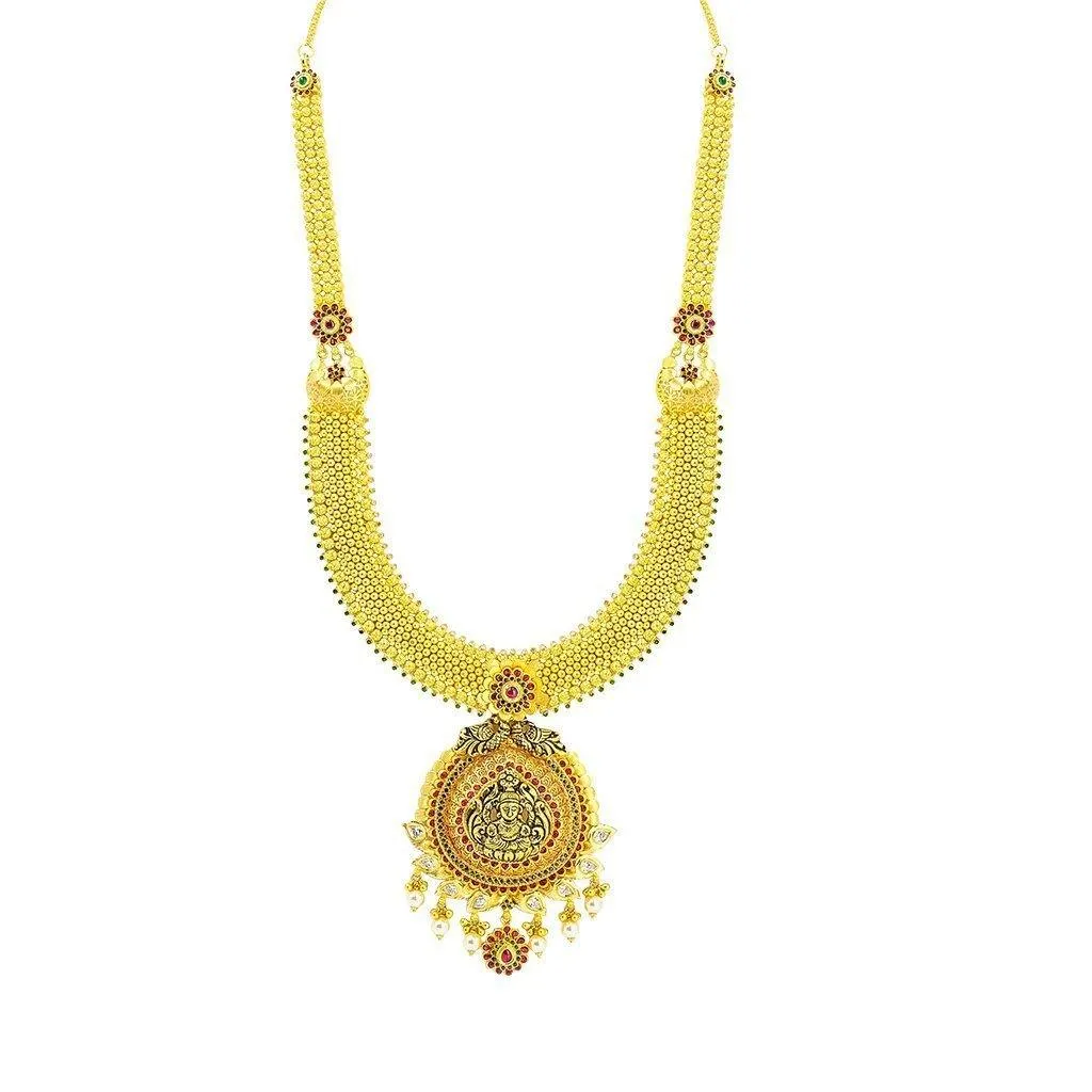 22K Yellow Gold Necklace & Jhumki Earrings Set W/ CZ, Ruby, Emerald, Pearls & Laxmi Pendant on U-Shaped Beaded Chain